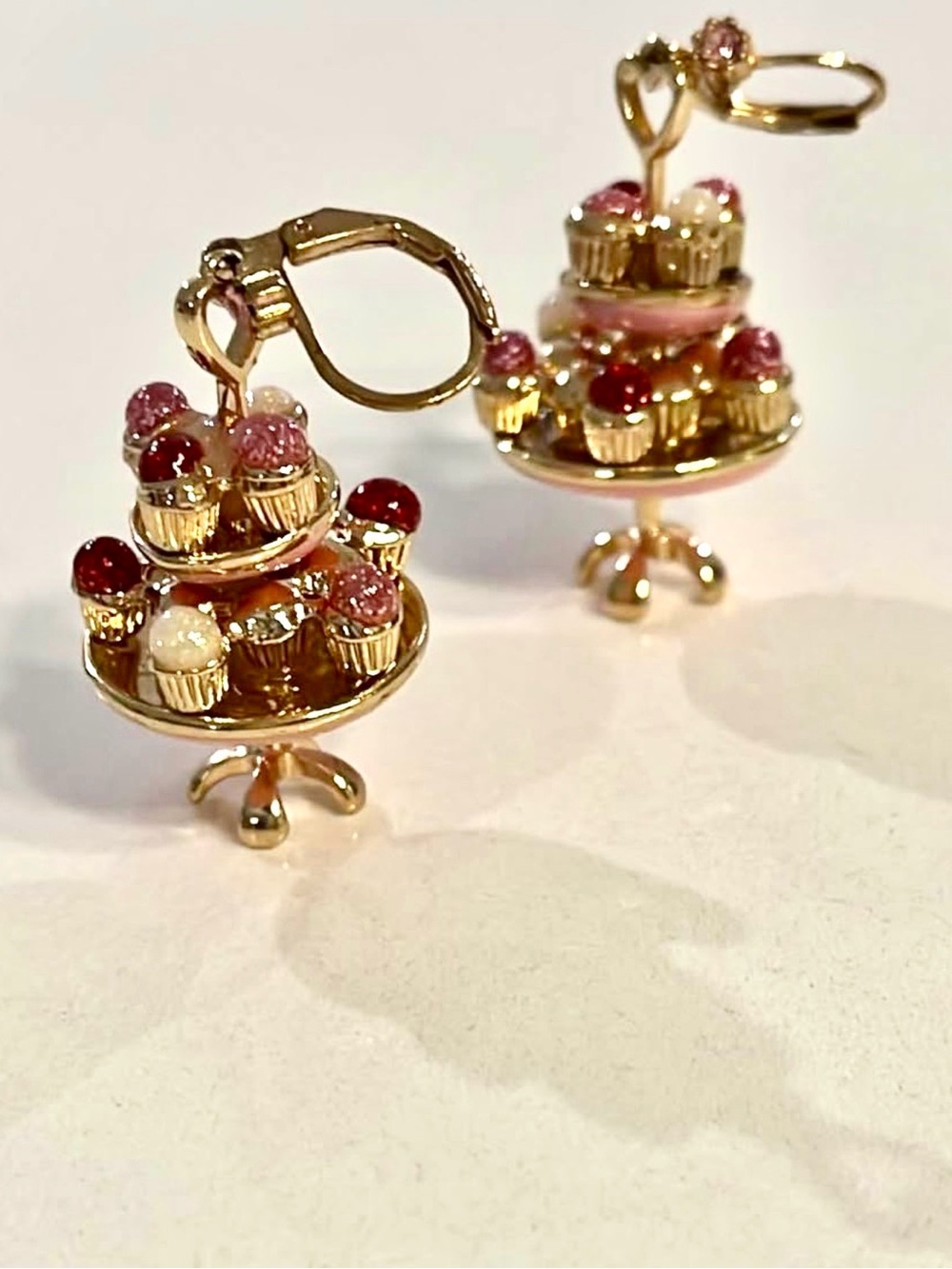 Betsey Johnson Gold-Tone Tiered Cupcake Drop Earrings with Pink and Red Accents